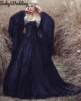 Черна готическа Гуендолин Абитуриентски рокли дантела фея дълги ръкави разстояние рамо дантела нагоре корсет Хелоуин косплей вечерна рокля