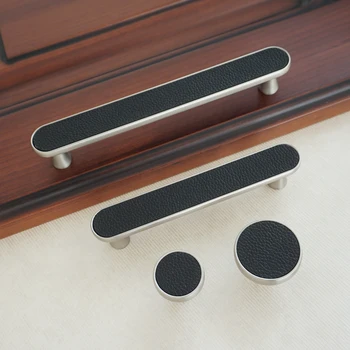 Черна кожа Cabient дръжки четка никел стомана гардероб дърпа скрин чекмедже кръгли копчета модерна сплав мебели хардуер