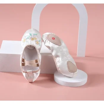 шампанско сатен бродирани големи флорални китайски стил сценични обувки възрастни меки подметки балет танцови обувки котка нокът йога обувки