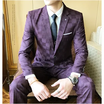 Шахматна дъска Мъжки ежедневен костюм Комплект 3 части (Blazer + Pants + Vest)Purple Slim Plaid trajes de hombre costume homme Chic Male Suit